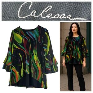 Caleaas Tunic Top Shirt Sz Medium 8 10 Art to Wear Vibrant Artsy Boho Black